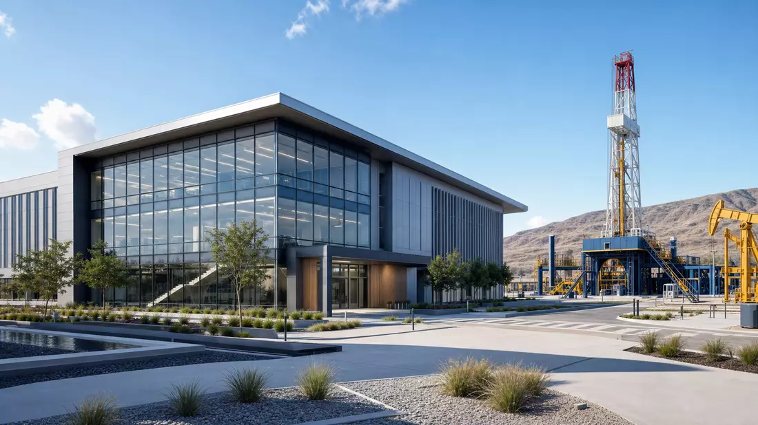 Architektonisches 3D-Render eines Technologiecampus neben einer Bohranlage