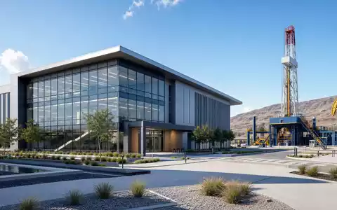 Schlumberger NV Technologiecampus als modernes Architektur-Render, ISIN US06520E1029, Glasfassade steht neben aktiver Bohranlage - Foto: THN