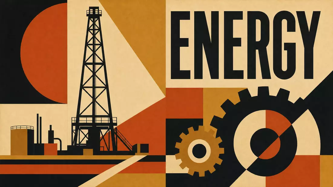 Geometrisches Bauhaus-Poster mit stilisiertem Bohrturm und dem Wort ENERGY