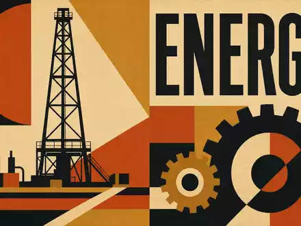 Schlumberger NV Bauhaus-Poster mit Bohrturm-Symbolik und Text ENERGY, ISIN US06520E1029, geometrische Formensprache - Foto: THN