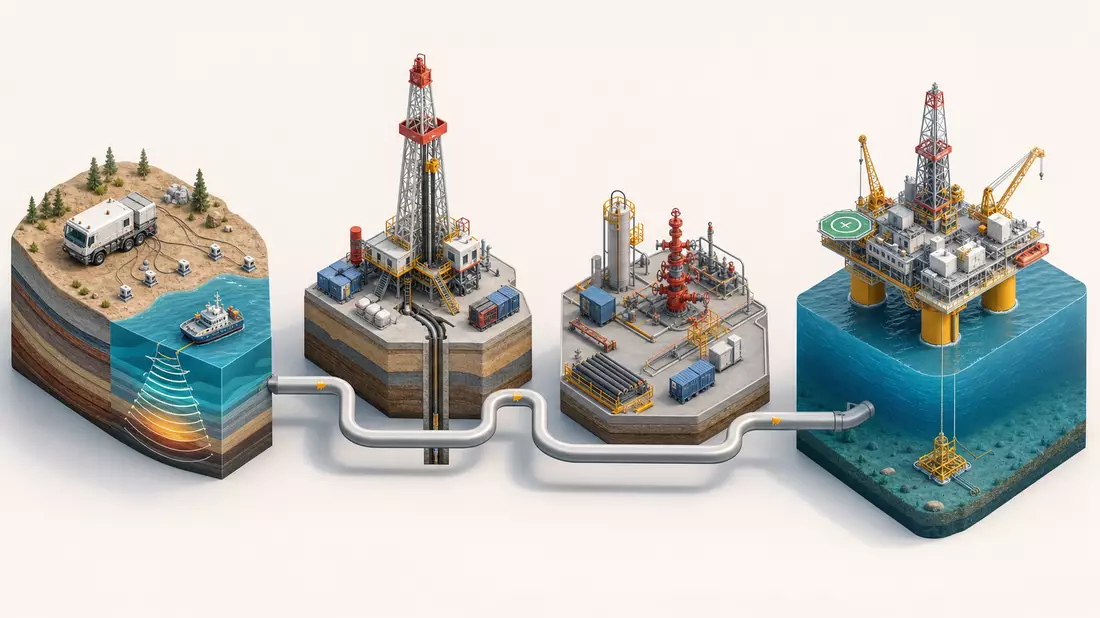 Isometrische 3D-Illustration der Wertschöpfungskette von Seismik bis Offshore-Plattform