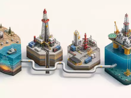 Schlumberger NV isometrische Wertschöpfungskette der Ölfeldservices, ISIN US06520E1029, von Seismik bis Offshore-Plattform dargestellt - Foto: THN