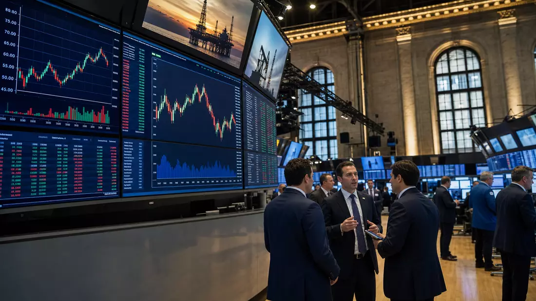 Trading-Floor mit Bildschirmen voller Energie-Sektor-Charts und diskutierenden Tradern