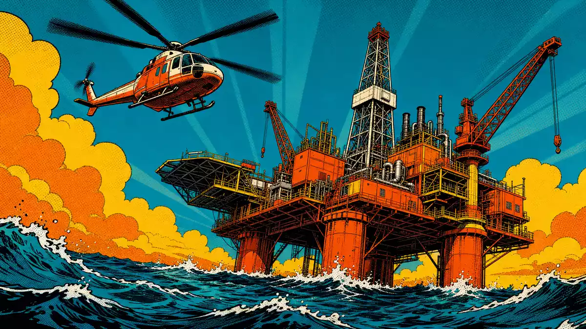 Pop-Art-Comic einer Offshore-Bohrplattform im Meer mit Hubschrauber
