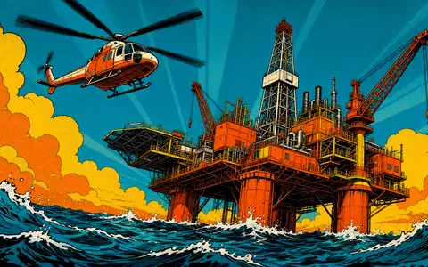 Schlumberger NV Pop-Art-Comic einer Offshore-Bohrplattform, ISIN US06520E1029, Hubschrauber fliegt über tosender See - Foto: THN