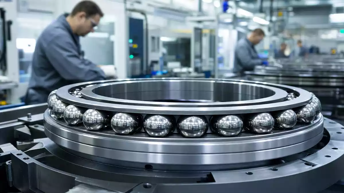 Nahaufnahme eines Kugellagers auf einer Fertigungslinie eines Automobilzulieferers