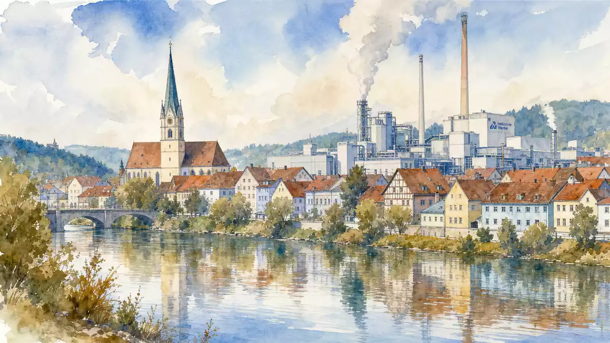 Aquarellmalerei einer kleinen deutschen Industriestadt mit Fabrikkomplex am Fluss