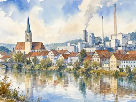Schaeffler AG (DE000SHA0159): stimmungsvolle Aquarell-Illustration einer generischen bayerischen Industriestadt mit Fabrikanlage und ruhiger Flusslandschaft - Foto: THN