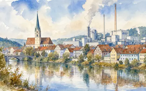 Schaeffler AG (DE000SHA0159): stimmungsvolle Aquarell-Illustration einer generischen bayerischen Industriestadt mit Fabrikanlage und ruhiger Flusslandschaft - Foto: THN