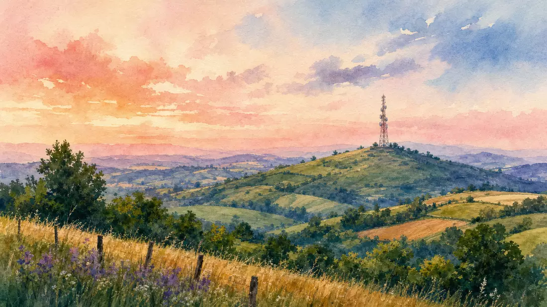 Aquarellmalerei einer Hügellandschaft mit schlankem Sendemast in warmen Pastelltönen