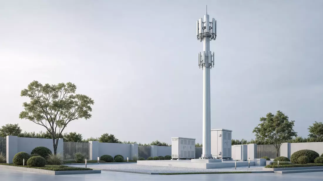 3D-Architekturrender eines Mobilfunkmastes mit Technikschränken in gepflegter Anlage