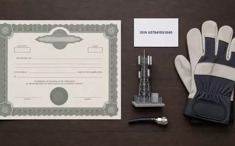 SBA Communications (ISIN US78410G1040) symbolisiert dieses Flatlay mit Aktienzertifikat, ISIN-Karte und Mastmodell - Foto: THN