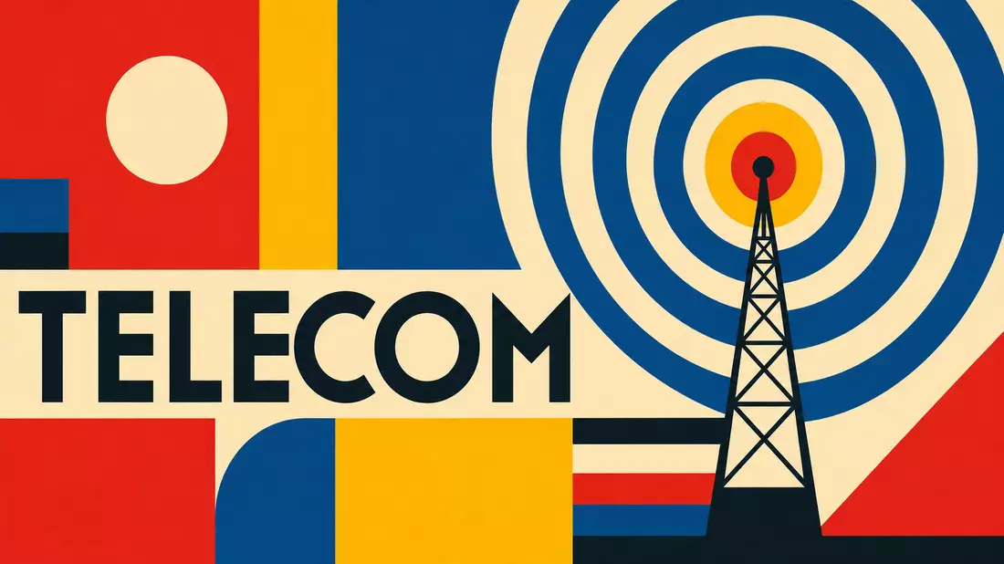 Bauhaus-Poster mit geometrischem Sendemast, Funkwellen und dem Schriftzug TELECOM