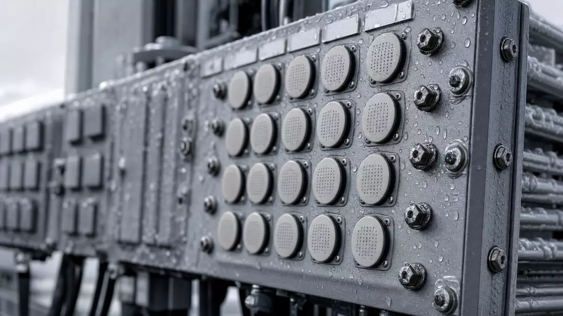 Makroaufnahme eines metallischen 5G-Antennenpanels mit Wassertropfen und Schrauben
