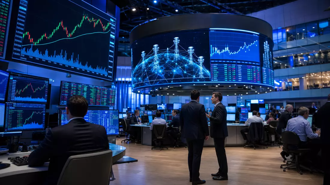 Trading-Floor mit Bildschirmen, die Aktienkurse und ein Funkmast-Netzwerk zeigen