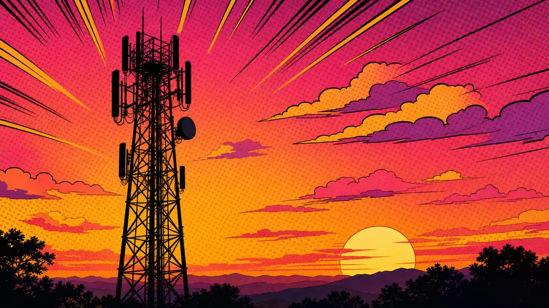 Pop-Art-Comic eines Funkturms als Silhouette vor buntem Sonnenuntergang mit Halbtonmuster