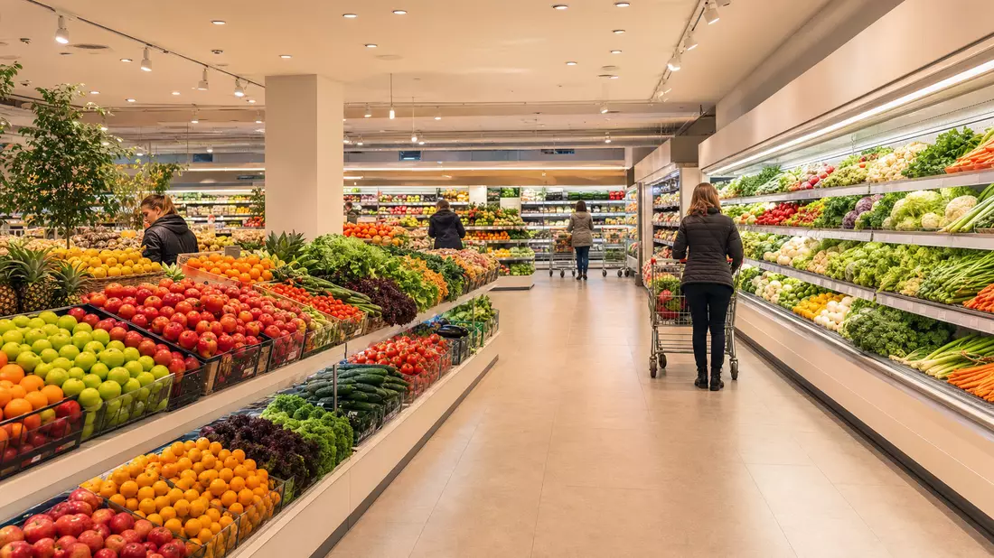 Fotorealistische Frischeabteilung eines Supermarkts mit Obst, Gemüse und Einkaufswagen
