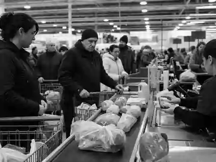 Schwarzweiß-Reportagefoto einer Supermarktkasse zeigt Ahold Delhaize NL0011794037 als Symbol für internationalen Lebensmitteleinzelhandel dokumentarisch festgehalten - Foto: THN