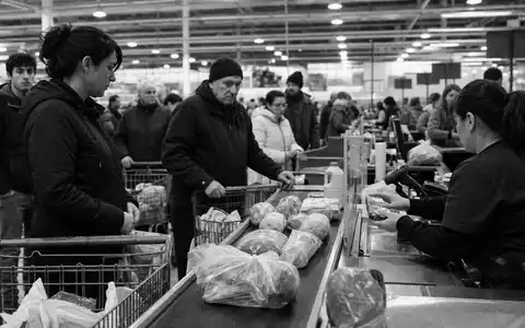 SchwarzweiĂ-Reportagefoto einer Supermarktkasse zeigt Ahold Delhaize NL0011794037 als Symbol fĂŒr internationalen Lebensmitteleinzelhandel dokumentarisch festgehalten - Foto: THN
