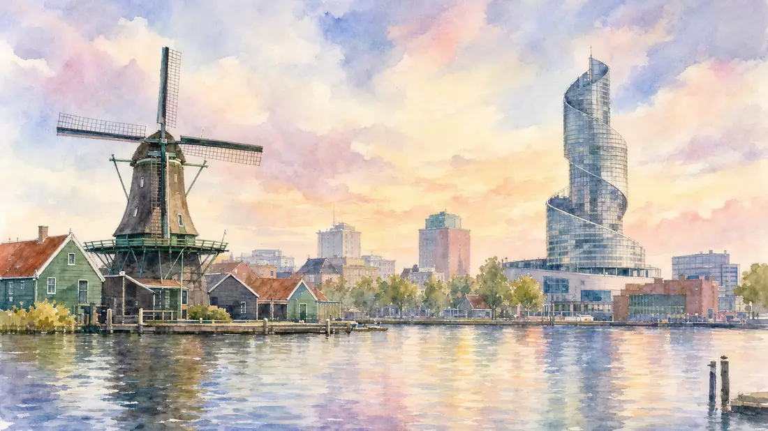 Aquarellansicht von Zaandam mit Windmühle und moderner Bürogebäude-Silhouette am Wasser