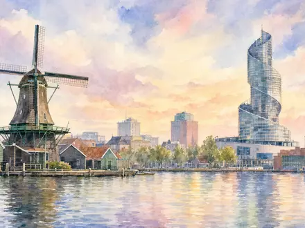 Aquarellmalerei der Zaandam-Skyline repräsentiert Ahold Delhaize NL0011794037, den Hauptsitz des internationalen Lebensmitteleinzelhandelskonzerns in den Niederlanden - Foto: THN