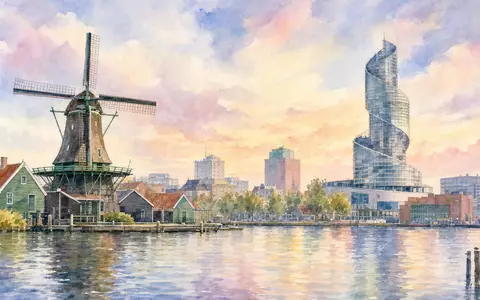Aquarellmalerei der Zaandam-Skyline repräsentiert Ahold Delhaize NL0011794037, den Hauptsitz des internationalen Lebensmitteleinzelhandelskonzerns in den Niederlanden - Foto: THN