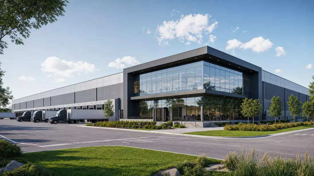 Architektonisches Render eines modernen Distributionszentrums mit Lastwagen an Laderampen