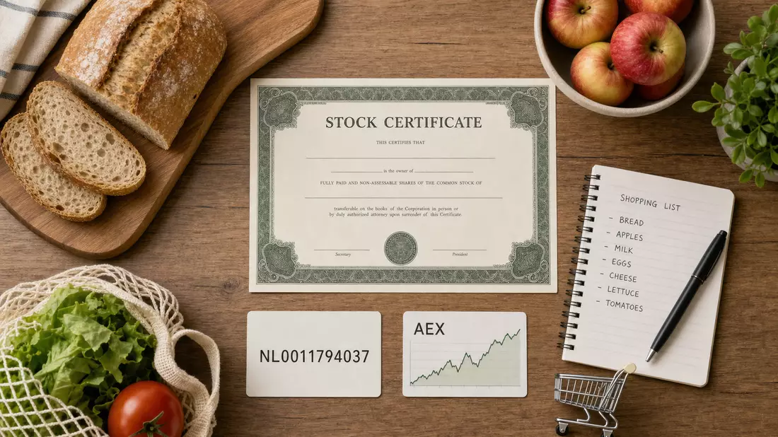 Flatlay von Aktienzertifikat, ISIN-Karte, AEX-Chart und frischen Lebensmitteln auf Holztisch
