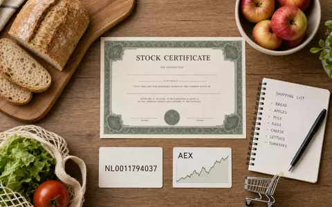 Flatlay mit Aktienzertifikat und ISIN-Karte NL0011794037 symbolisiert Ahold Delhaize im internationalen Lebensmitteleinzelhandel und Investment - Foto: THN