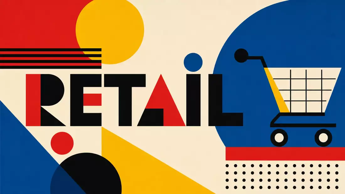 Geometrisches Bauhaus-Poster mit Einkaufswagen-Symbol und dem Wort RETAIL in Primärfarben