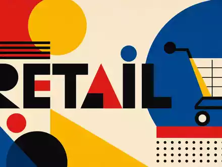 Bauhaus-Poster mit geometrischen Formen und Einkaufswagen steht fĂŒr Ahold Delhaize NL0011794037, Vertreter des internationalen Lebensmitteleinzelhandels - Foto: THN