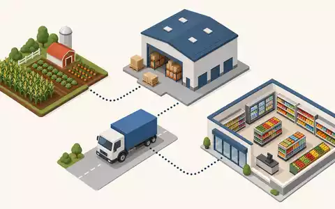 Isometrisches 3D-Diagramm zeigt Lieferkette vom Feld über Logistik zum Regal, Ahold Delhaize NL0011794037, Lebensmitteleinzelhandel - Foto: THN