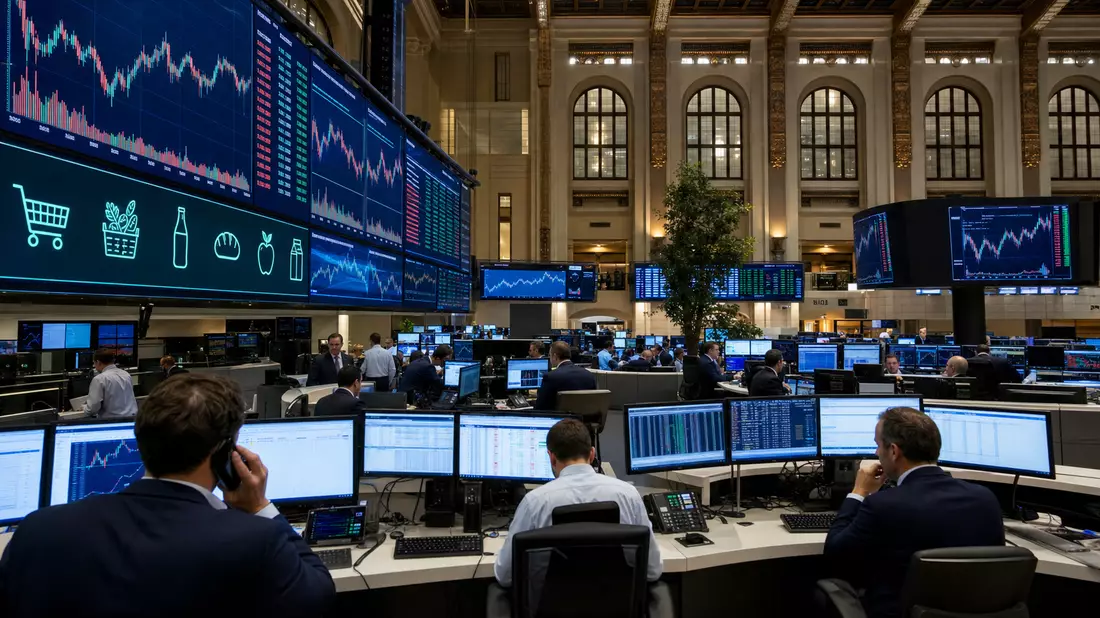 Trading-Floor der Euronext Amsterdam AEX mit Bildschirmen und Händlern vor Aktiencharts
