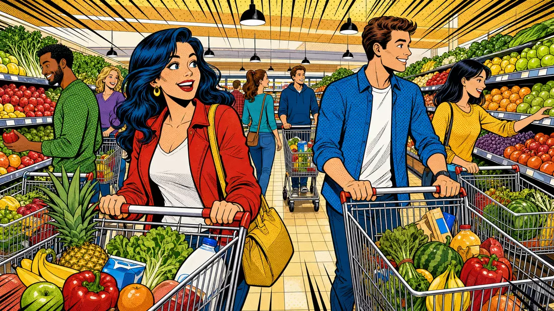 Bunte Pop-Art-Comic-Illustration von Einkäufern mit Einkaufswagen im Supermarkt