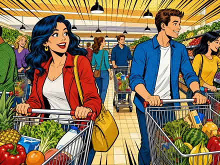 Pop-Art-Comic mit fröhlichen Einkäufern im Supermarkt illustriert Ahold Delhaize NL0011794037 farbenfroh im Segment internationaler Lebensmitteleinzelhandel - Foto: THN