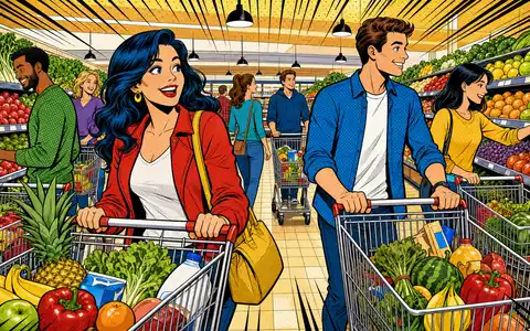 Pop-Art-Comic mit fröhlichen Einkäufern im Supermarkt illustriert Ahold Delhaize NL0011794037 farbenfroh im Segment internationaler Lebensmitteleinzelhandel - Foto: THN