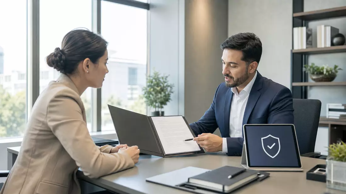 Berater und Kundin besprechen Versicherungsvertrag im modernen Büro, Fotorealismus