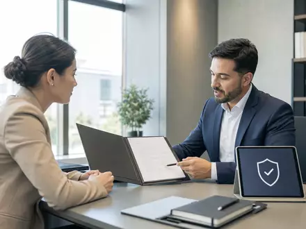 Fotorealistisches Beratungsgespräch symbolisiert das breite Versicherungsgeschäft von Allianz SE, ISIN DE0008404005, im Aktiendepot - Foto: THN