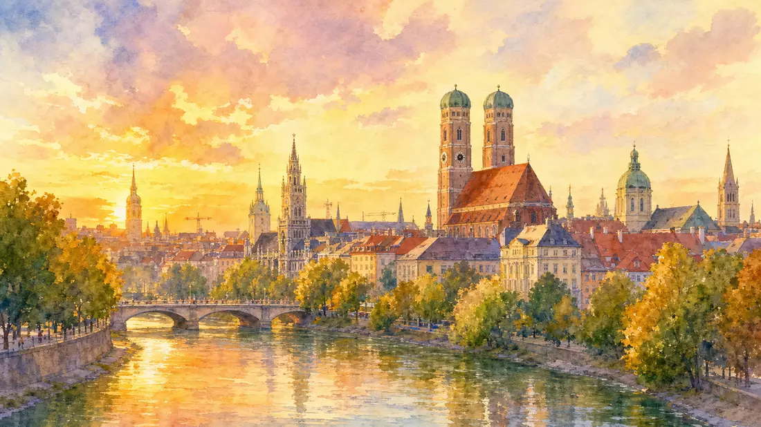 Münchner Skyline mit Frauenkirche und Isar im Sonnenuntergang, Aquarell-Malstil