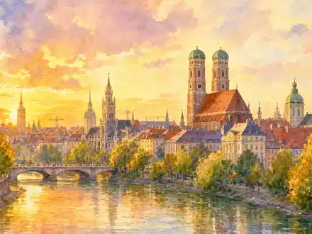 Aquarellmalerei der Münchner Skyline repräsentiert den historischen Firmensitz von Allianz SE, ISIN DE0008404005, im Depot - Foto: THN