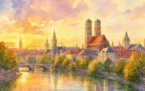 Aquarellmalerei der Münchner Skyline repräsentiert den historischen Firmensitz von Allianz SE, ISIN DE0008404005, im Depot - Foto: THN