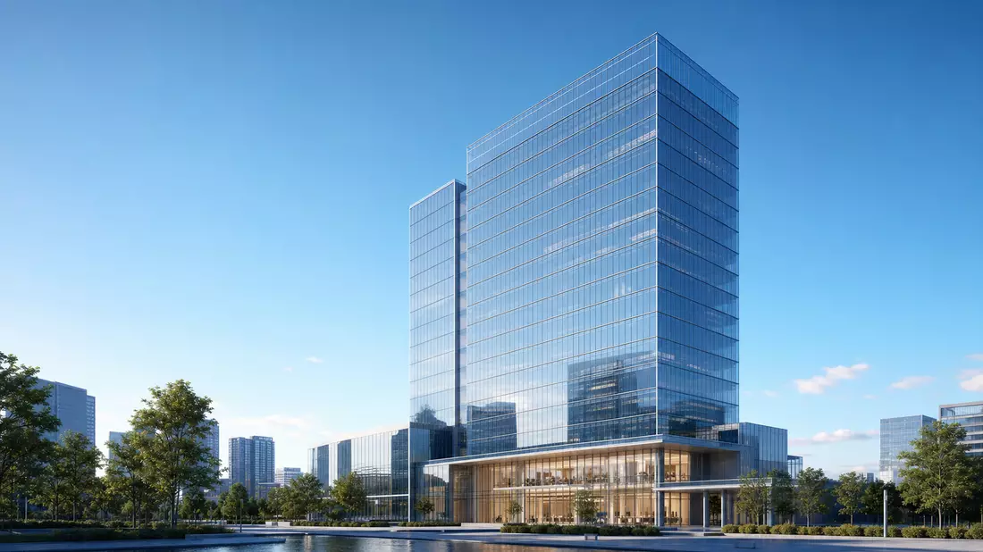 Modernes gläsernes Bürohochhaus vor blauem Himmel, architektonische 3D-Visualisierung