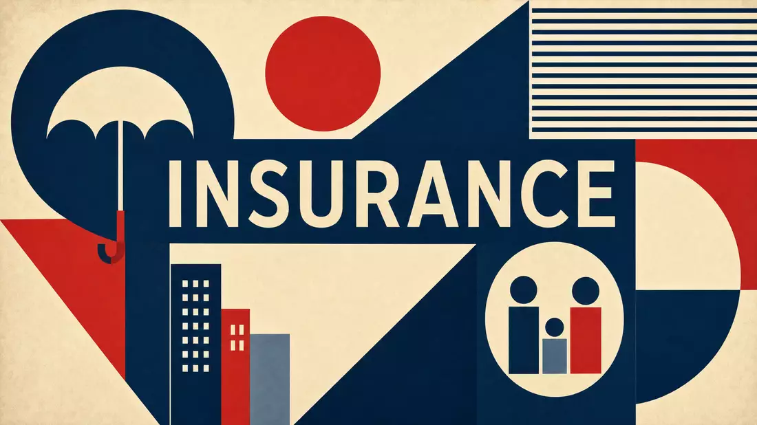 Geometrisches Bauhaus-Poster mit Schirm-Symbol und Schriftzug INSURANCE in Blau-Rot