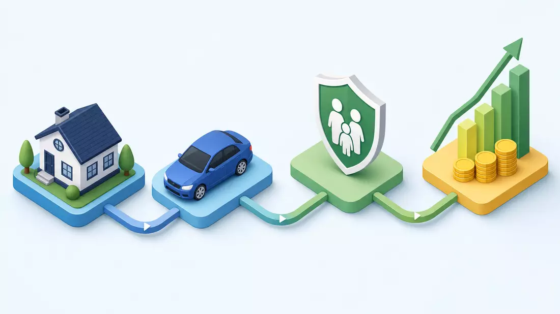 Isometrische 3D-Icons von Haus, Auto, Familienschutz und Wachstumsdiagramm verbunden