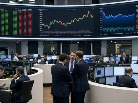 Editorial-Aufnahme des Frankfurter Börsenparketts mit Kursdiagrammen bebildert die DAX-Notierung von Allianz SE, ISIN DE0008404005, treffend - Foto: THN