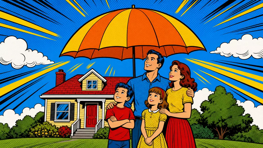 Bunte Pop-Art-Illustration einer Familie unter großem Regenschirm vor Einfamilienhaus
