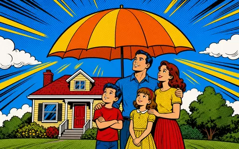 Pop-Art-Comic mit schützendem Regenschirm über einer Familie symbolisiert den Absicherungsgedanken von Allianz SE, ISIN DE0008404005 - Foto: THN