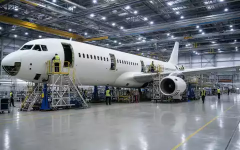 Airbus SE (NL0000235190) zeigt eine fotorealistische Endmontagehalle mit generischem zweistrahligen Passagierflugzeug ohne Kennzeichnung - Foto: THN