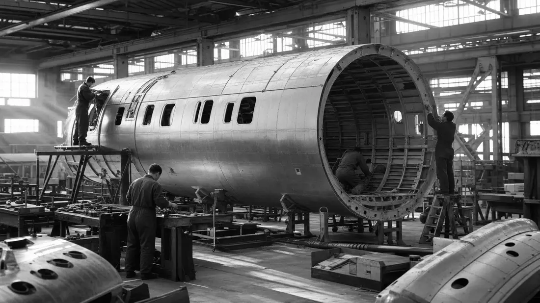 Schwarzweiß-Dokumentarfoto eines Flugzeugrumpfsegments in industrieller Fertigungshalle