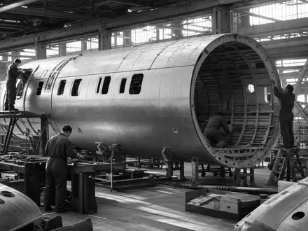 Airbus SE (NL0000235190) präsentiert eine dokumentarische Schwarzweiß-Reportage-Aufnahme eines Flugzeugrumpf-Segments in der Fertigung - Foto: THN